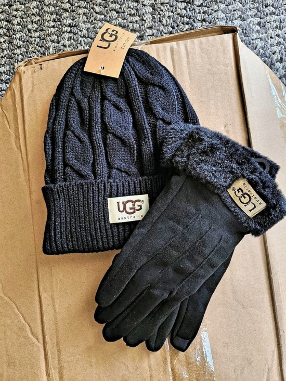 UGG Black Cable-Knit Hat & Gloves NWT